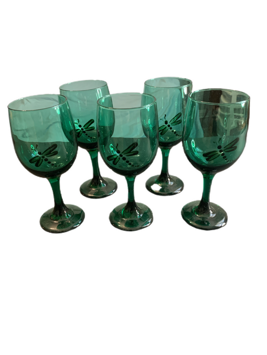 Vintage Green Hand Painted Wine Glasses (5) with Beautiful Dragonfly