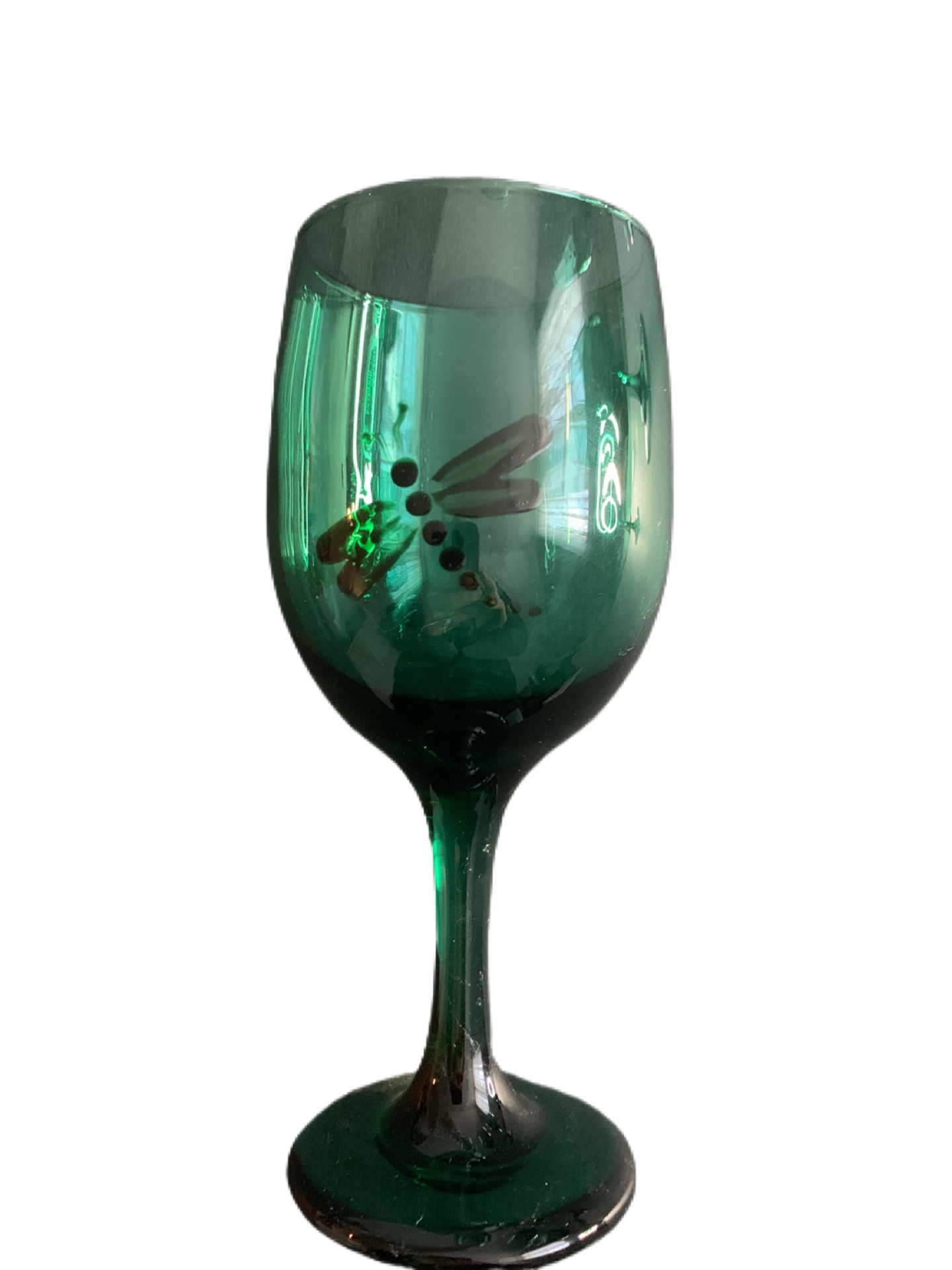 Vintage Green Hand Painted Wine Glasses (5) with Beautiful Dragonfly