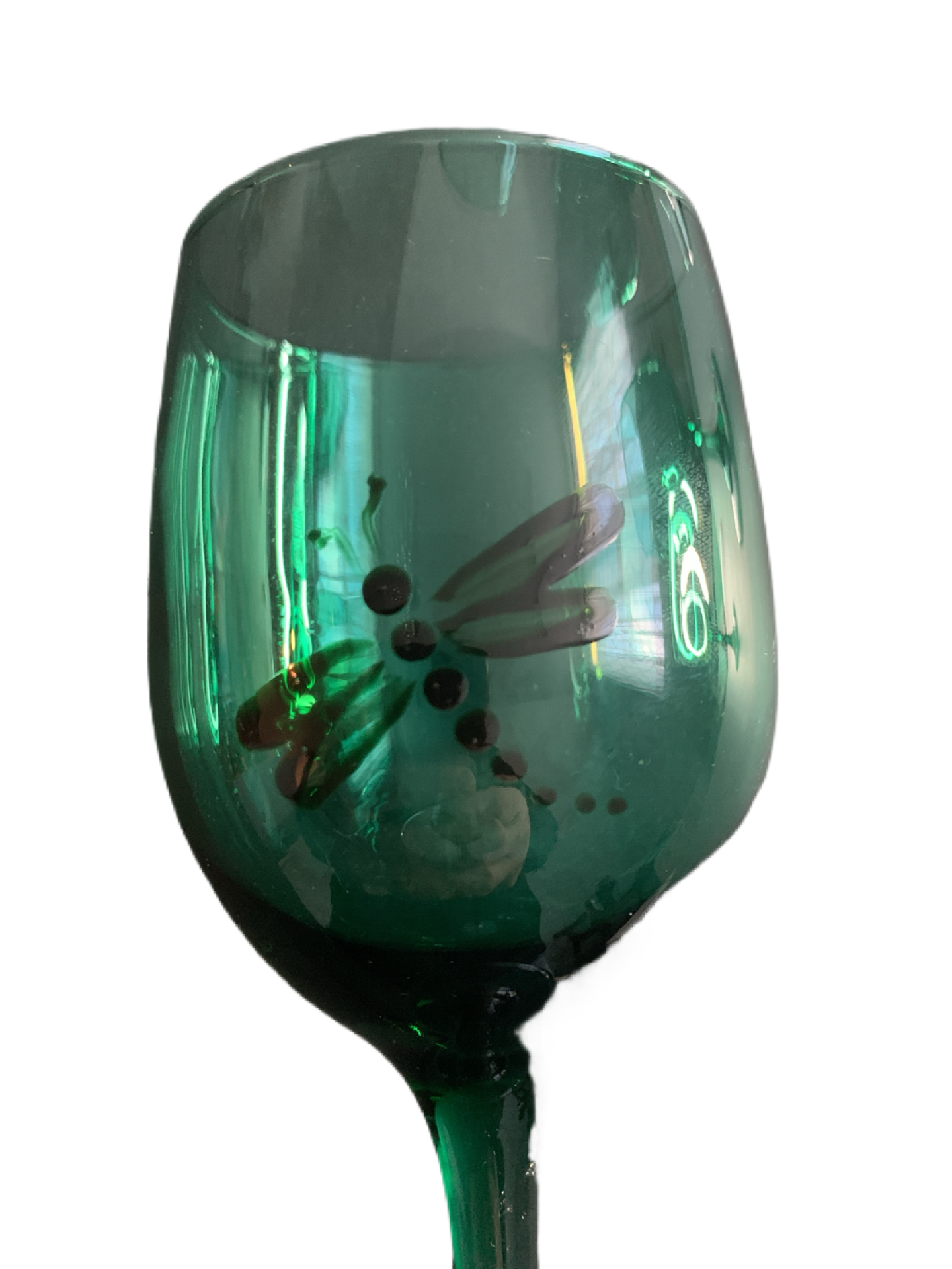 Vintage Green Hand Painted Wine Glasses (5) with Beautiful Dragonfly