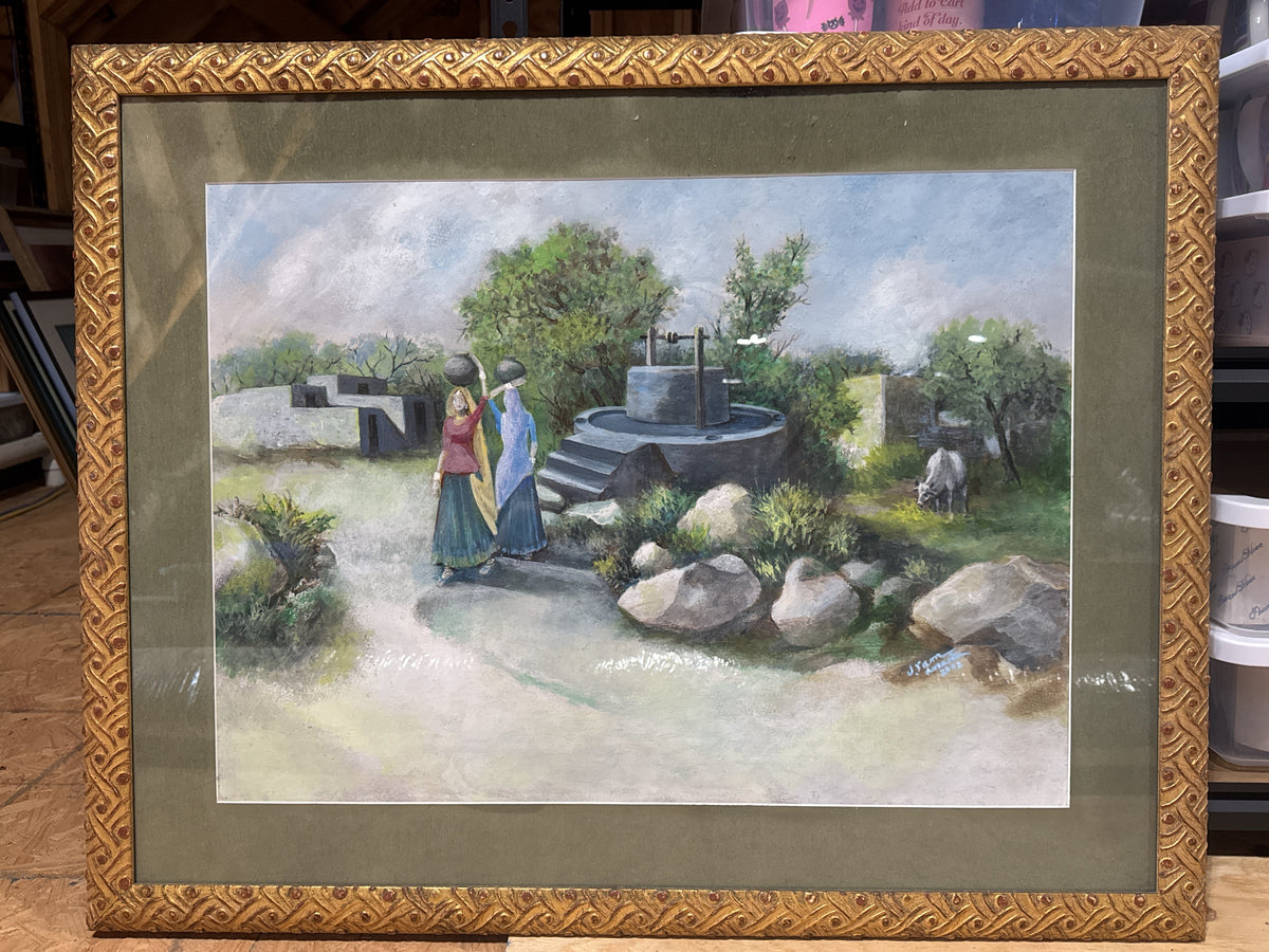 Women at a Village Well Framed Art in Ornate Gold-Tone Framed size 39" x 31"