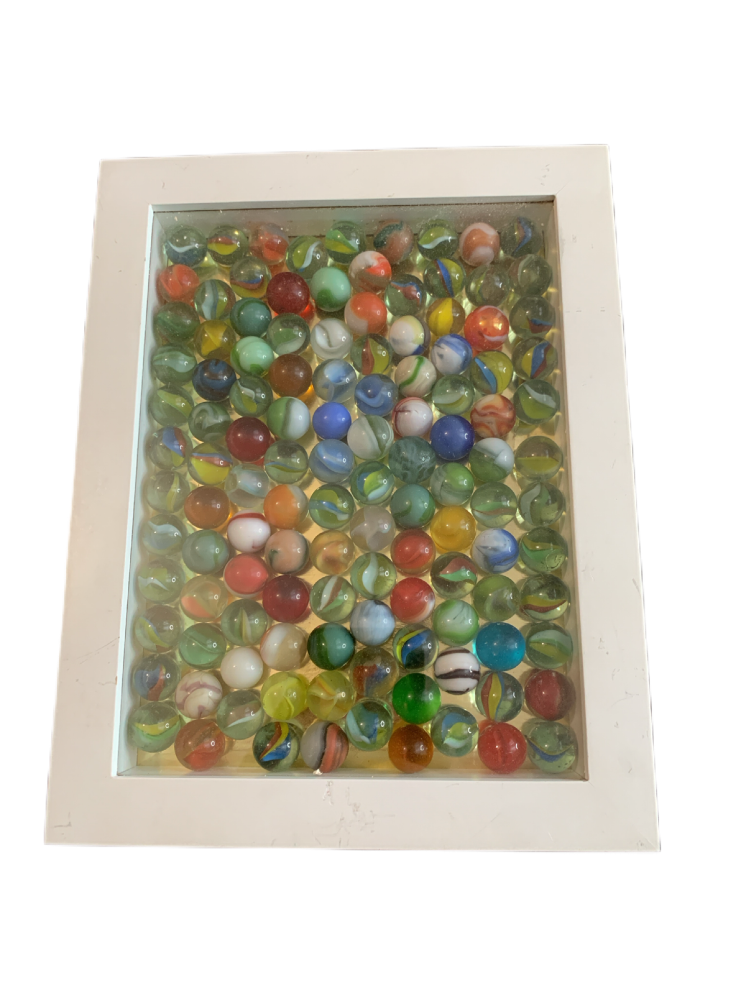 Marbles encased in Wood box with Glass Top