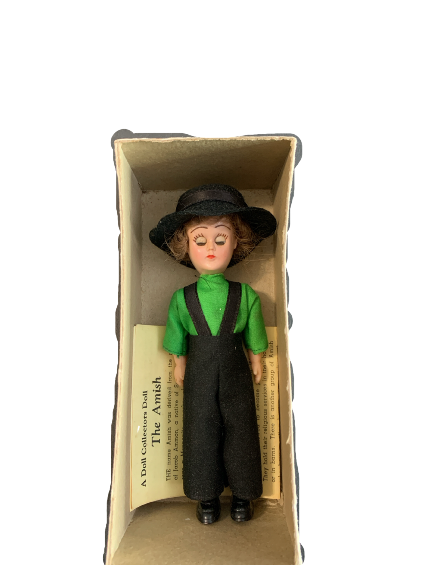 Vintage 6" Celluloid Amish Boy Doll New in Original Box Hinged Arms - Felt Hat