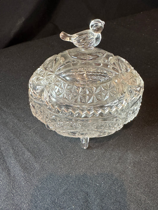 Hofbauer Germany Cut 24% Lead Crystal Clear Bird Pattern Covered Candy Box Dish