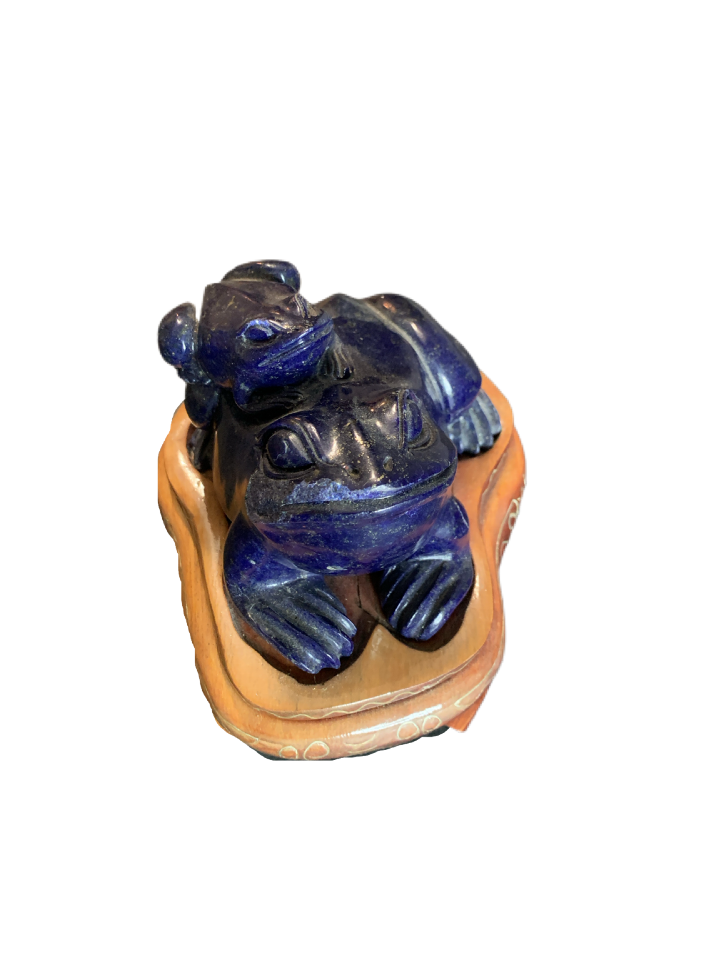 Chinese Lapis Lazuli or Sodalite Carved Frog & Baby with Custom Wood Stand