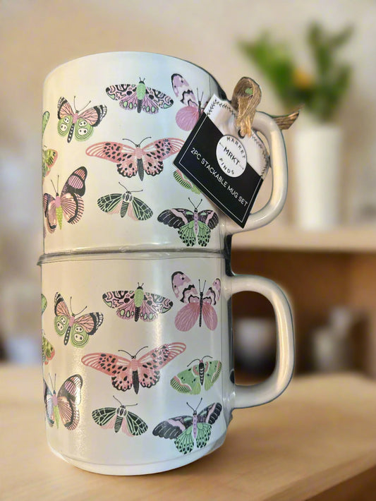 Pair of Market Finds Butterfly Coffee Cups Mugs Stackable 4" Tall New With Tags