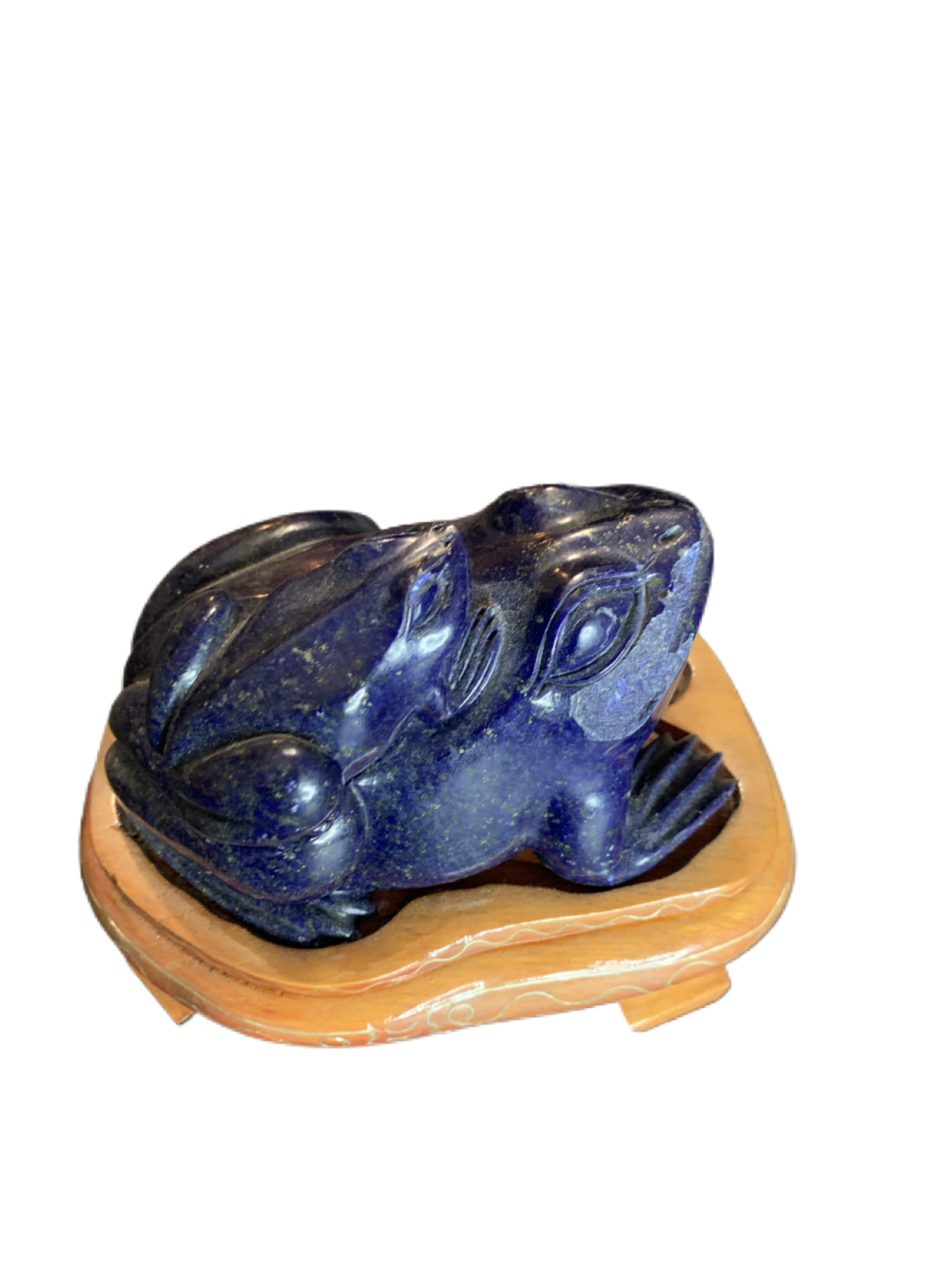 Chinese Lapis Lazuli or Sodalite Carved Frog & Baby with Custom Wood Stand