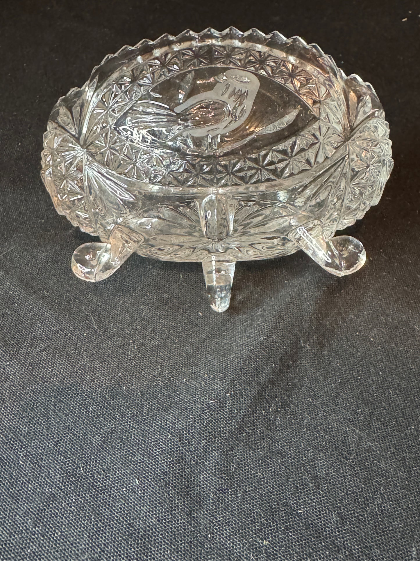 Hofbauer Germany Cut 24% Lead Crystal Clear Bird Pattern Covered Candy Box Dish