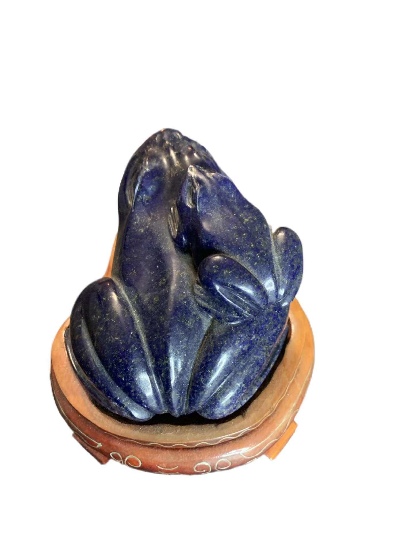 Chinese Lapis Lazuli or Sodalite Carved Frog & Baby with Custom Wood Stand