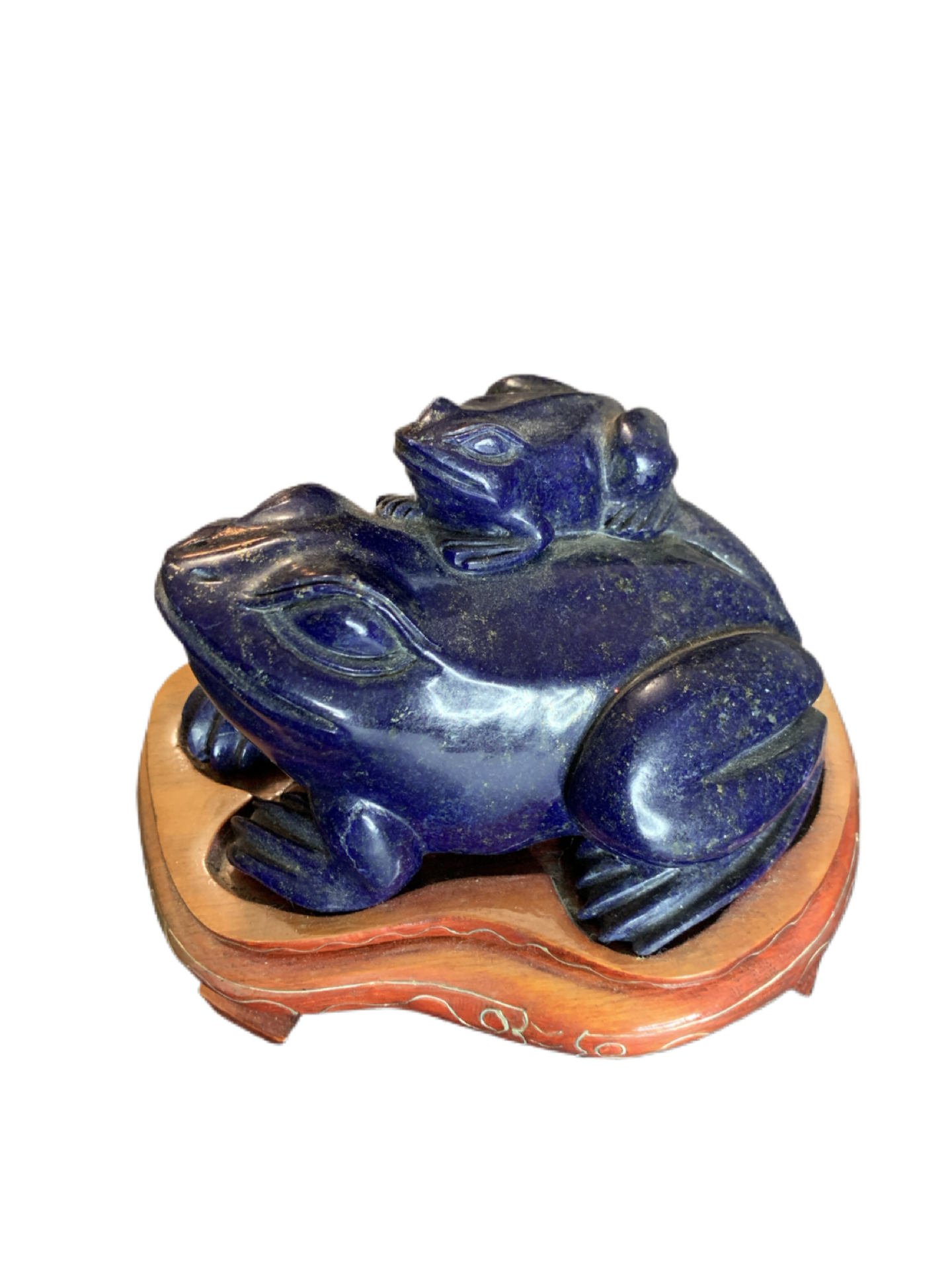 Chinese Lapis Lazuli or Sodalite Carved Frog & Baby with Custom Wood Stand