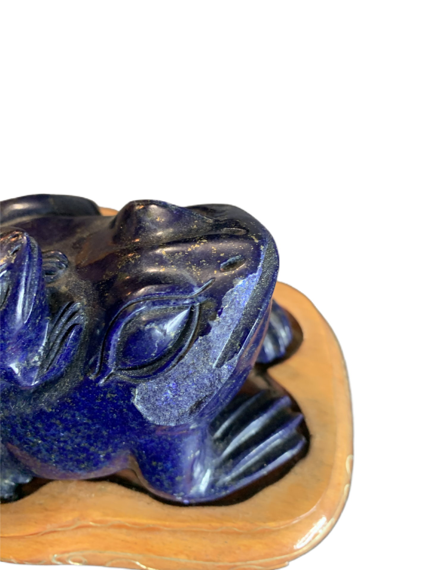 Chinese Lapis Lazuli or Sodalite Carved Frog & Baby with Custom Wood Stand