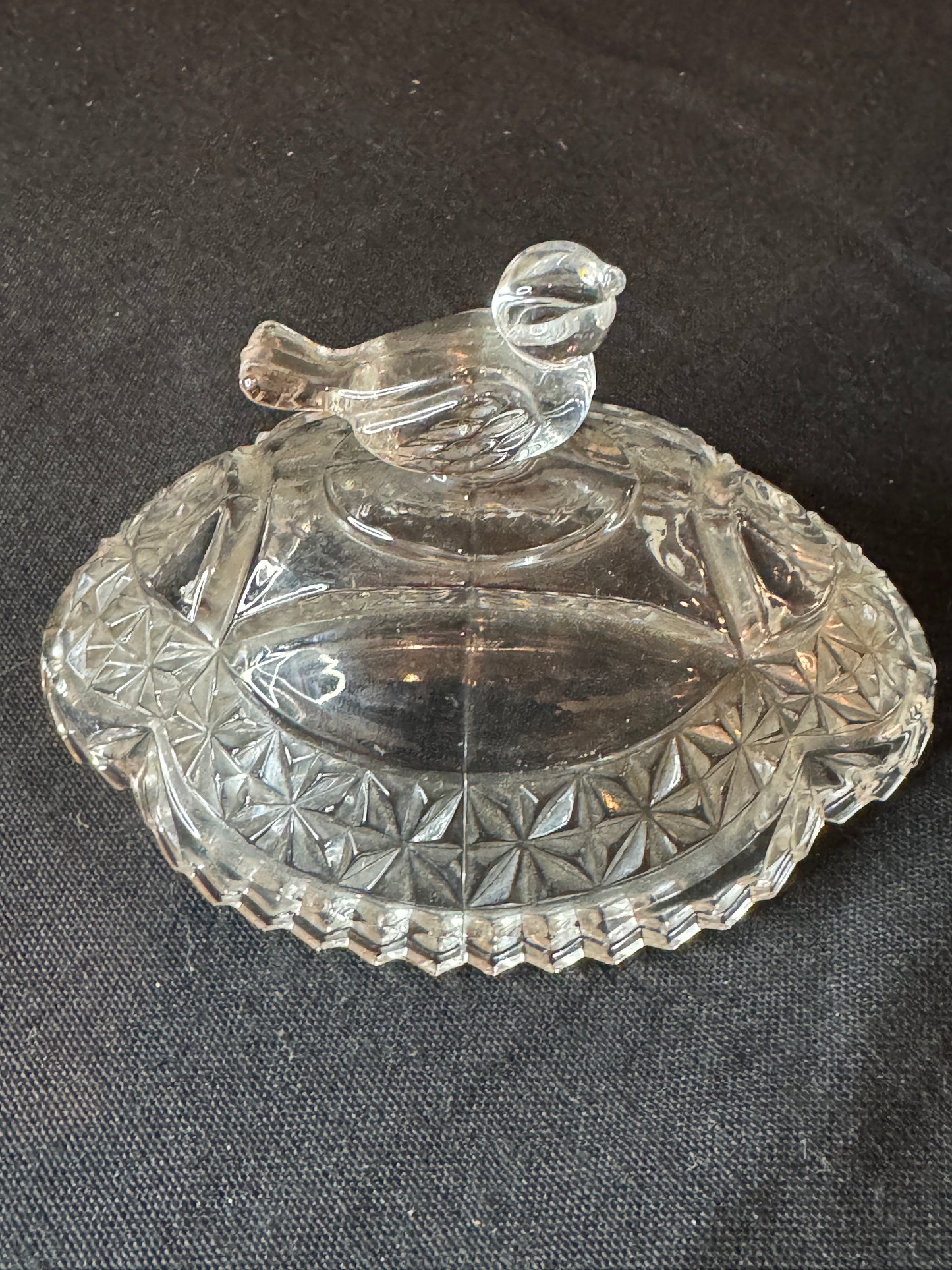 Hofbauer Germany Cut 24% Lead Crystal Clear Bird Pattern Covered Candy Box Dish