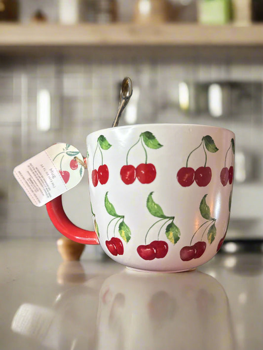 Homestead Living Large Cherry White Coffee Cup Mug 16oz New with Tags 3.75" Tall
