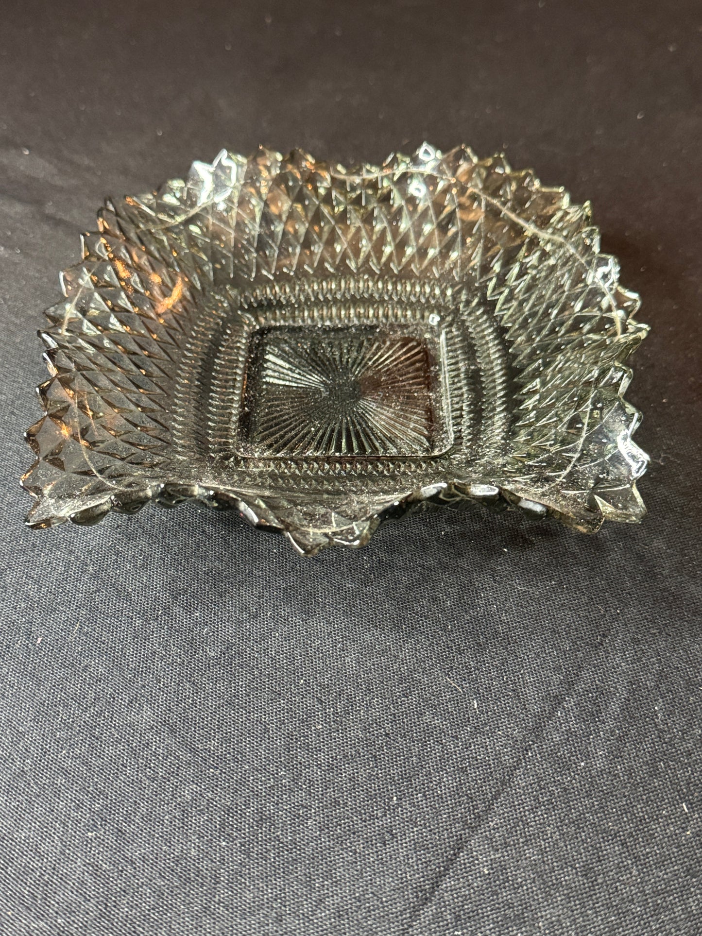 Candy Dish, Indiana Glass, Fluted Glass Plate, Smokey Carnival Glass, Square Bowl