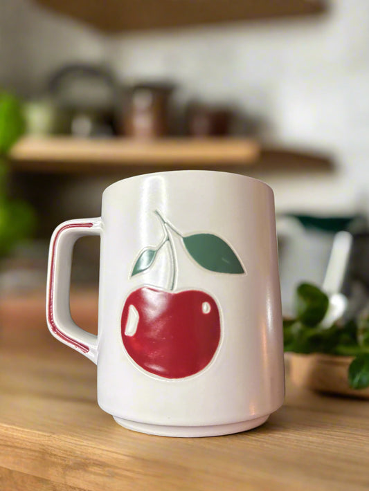 Market Finds Cherry White Coffee Cup Mug 4 3/8" Tall New