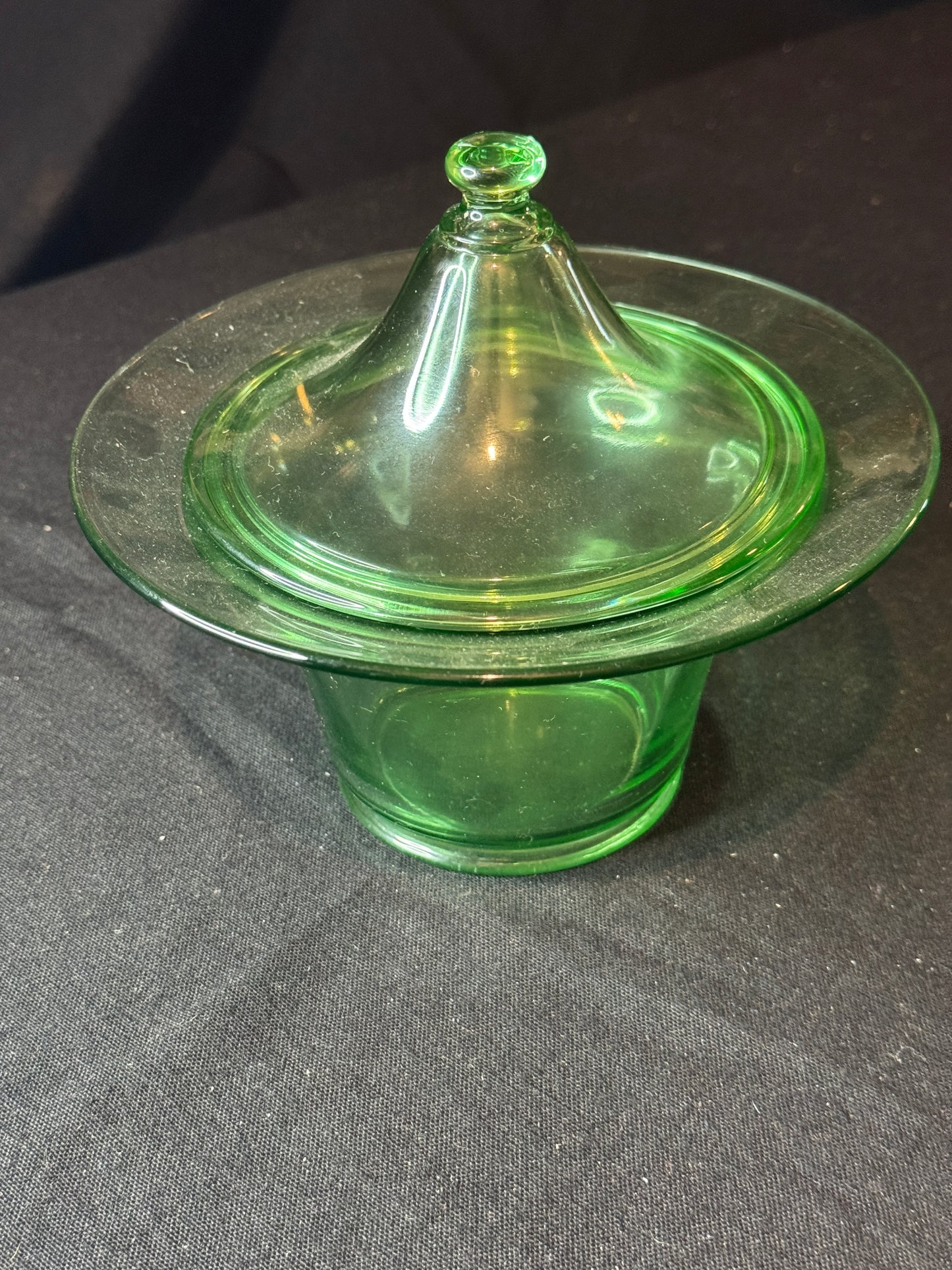 Uranium Fostoria Green Glass Candy Dish with Lid 7" Wide x 6.5" Tall RARE!