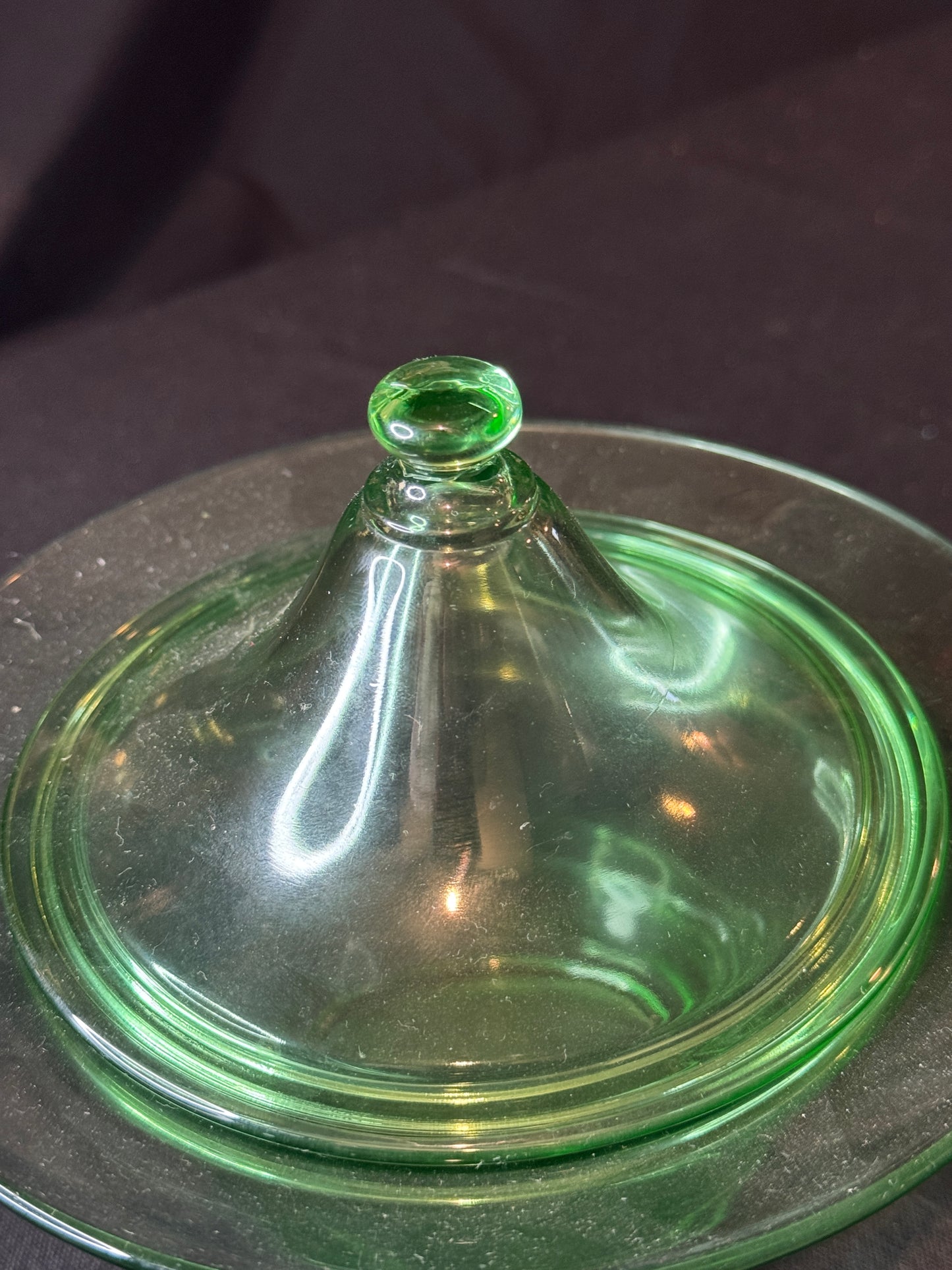 Uranium Fostoria Green Glass Candy Dish with Lid 7" Wide x 6.5" Tall RARE!