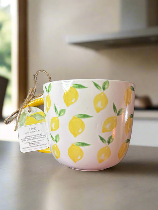 Homestead Living Yellow & White Lemon Large Coffee Cup Mug New with Tags 3.75" Tall