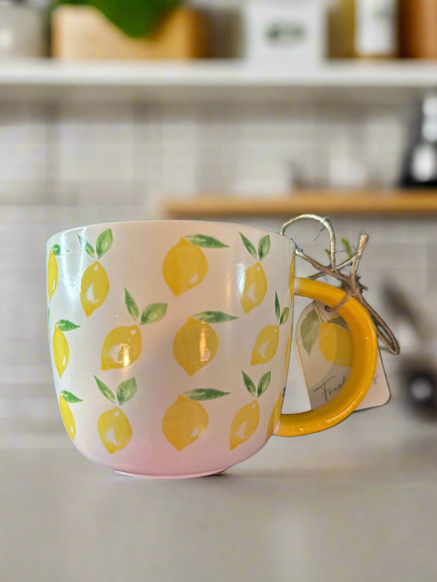 Homestead Living Yellow & White Lemon Large Coffee Cup Mug New with Tags 3.75" Tall