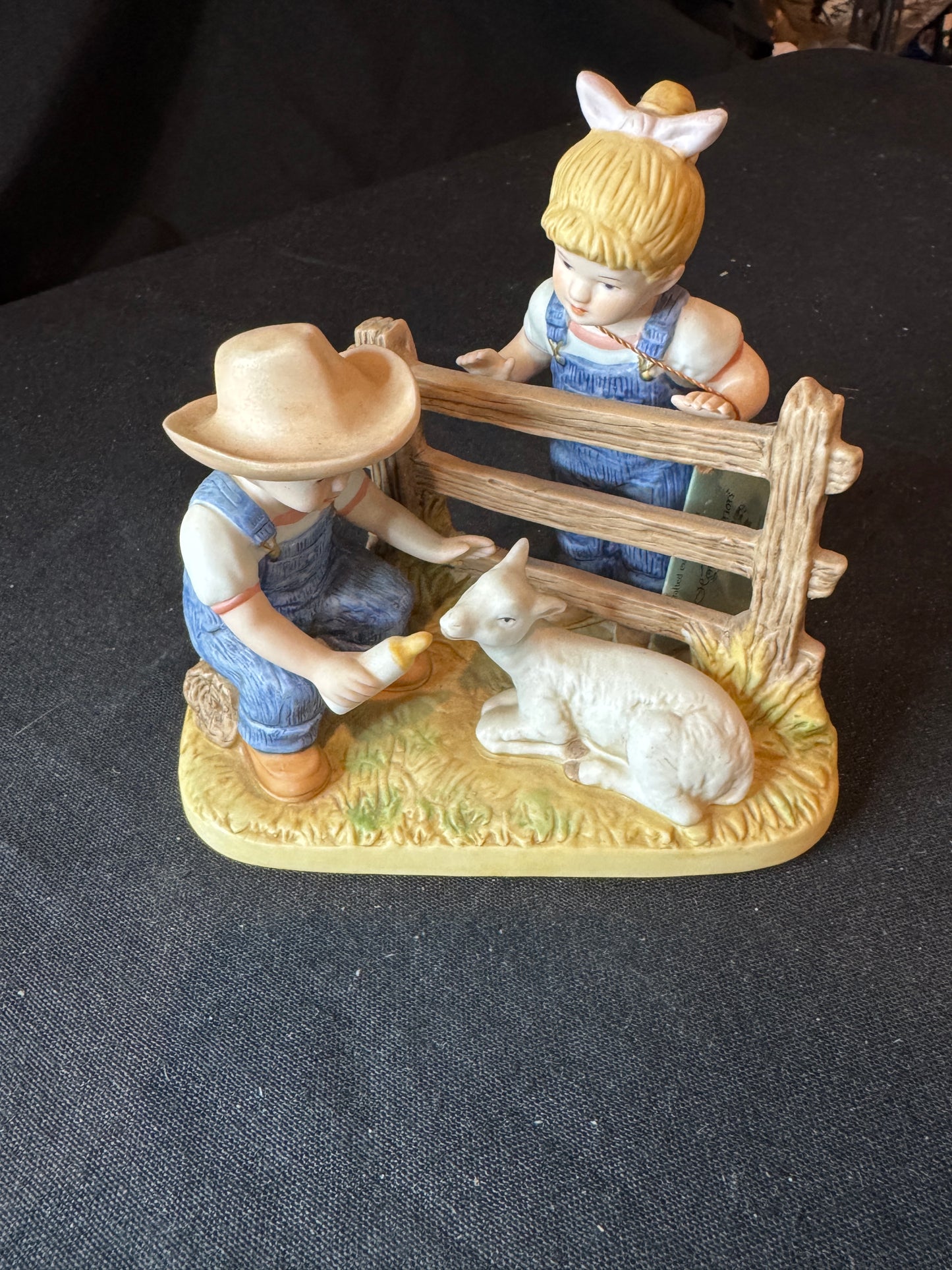 Vintage Home Interiors by Homco 1985 Denim Days Boy Girl Feeding Baby Lamb 5.5" x 3"