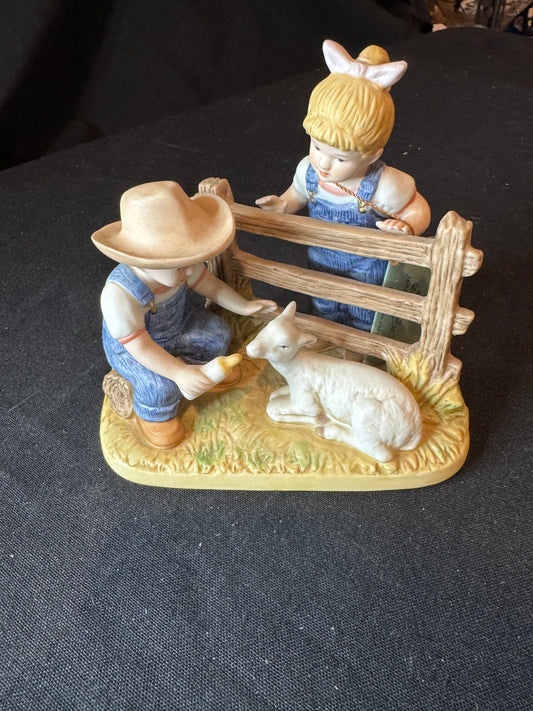 Vintage Home Interiors by Homco 1985 Denim Days Boy Girl Feeding Baby Lamb 5.5" x 3"