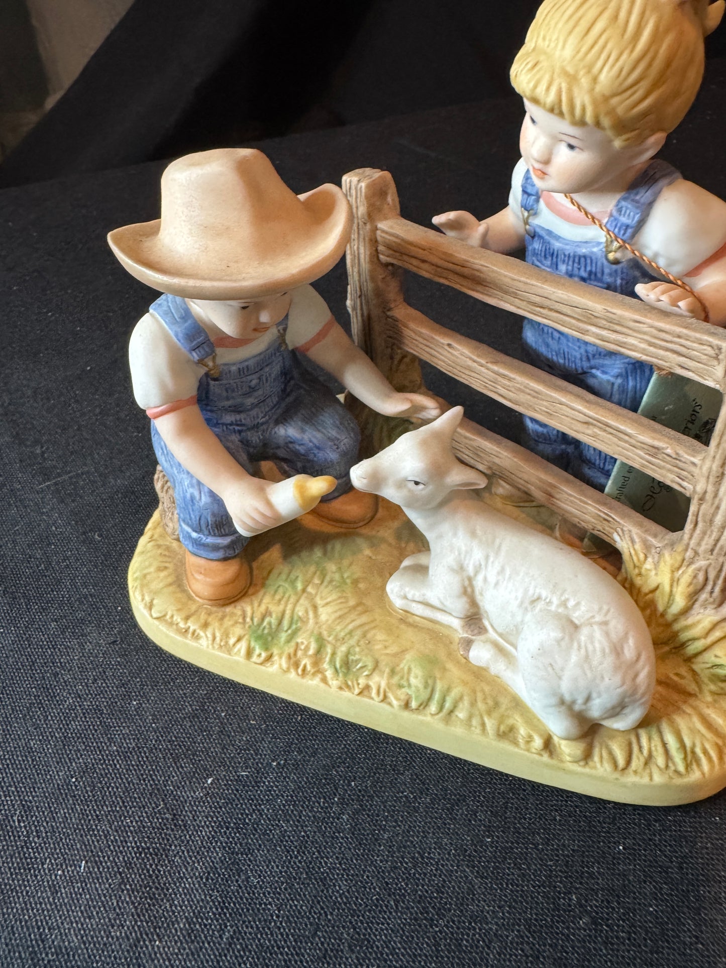 Vintage Home Interiors by Homco 1985 Denim Days Boy Girl Feeding Baby Lamb 5.5" x 3"