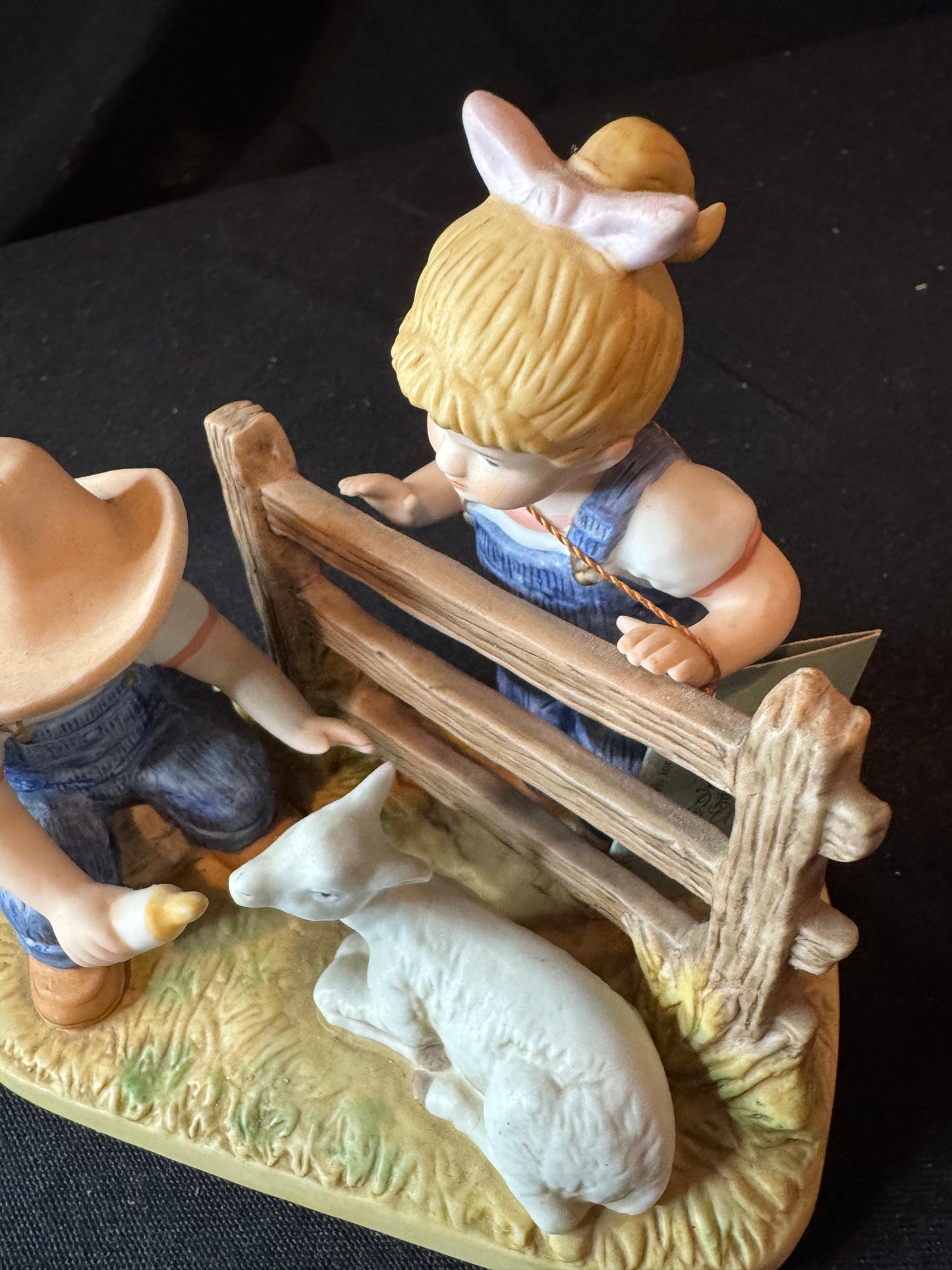 Vintage Home Interiors by Homco 1985 Denim Days Boy Girl Feeding Baby Lamb 5.5" x 3"