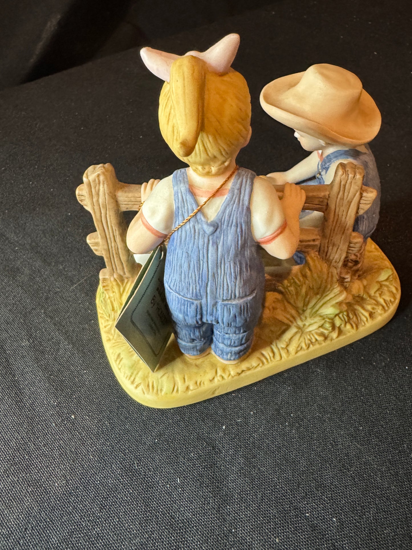 Vintage Home Interiors by Homco 1985 Denim Days Boy Girl Feeding Baby Lamb 5.5" x 3"