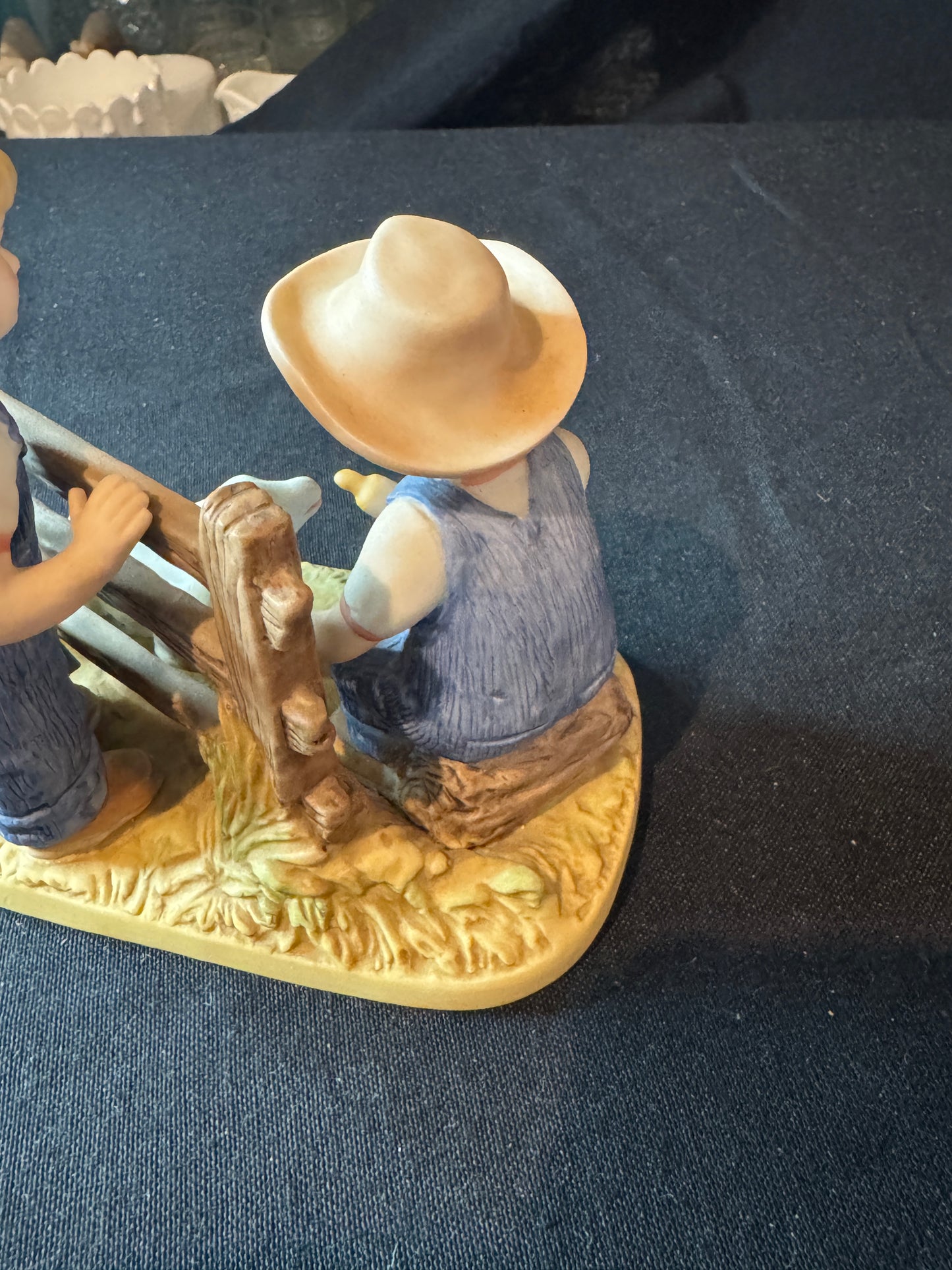 Vintage Home Interiors by Homco 1985 Denim Days Boy Girl Feeding Baby Lamb 5.5" x 3"