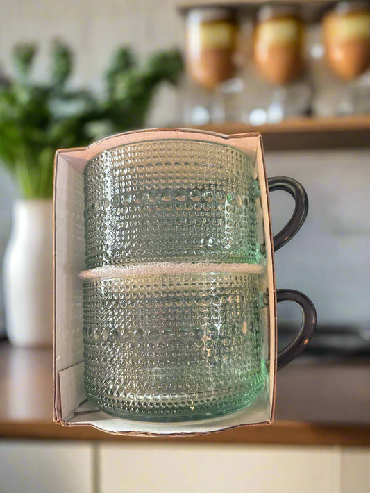 Pair of 2 Glass Beaded Coffee Mugs Cups Stackable New in Box 3" Tall Each
