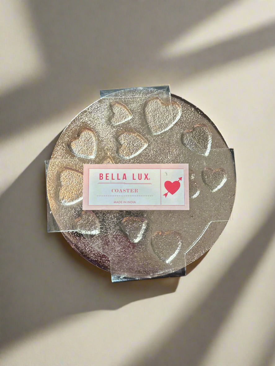 Set of Four (4) Bella Lux Metal Coasters With Hearts Engraved 4" Wide New in Package