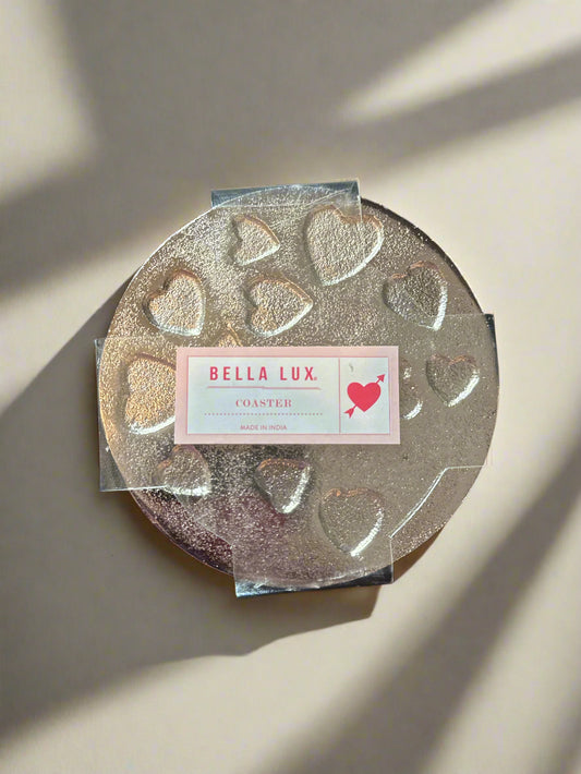 Set of Four (4) Bella Lux Metal Coasters With Hearts Engraved 4" Wide New in Package
