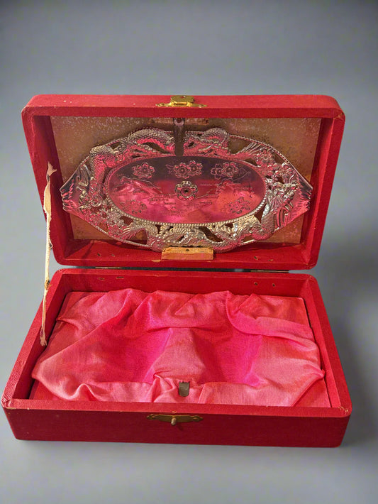 Japanese Red Box For Holding Silver Salt & Pepper Shakers and Tray (No Shakers) 6 5/8" Wide