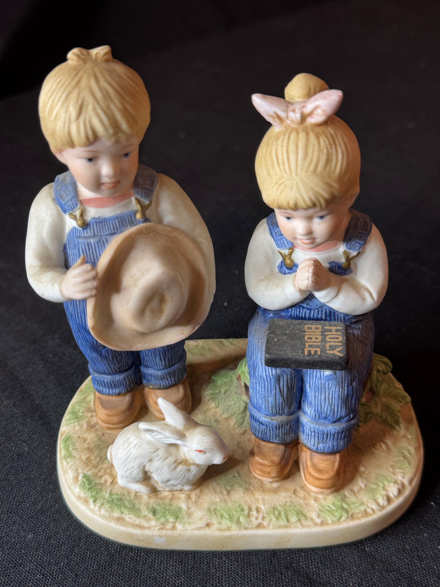 Homco Home Interiors 1985 Denim Days Girls with Bunny and Bible 5" Tall