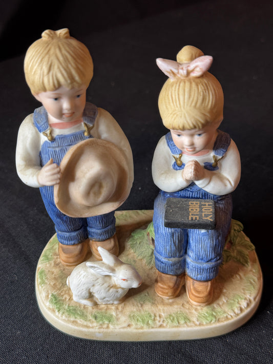 Homco Home Interiors 1985 Denim Days Girls with Bunny and Bible 5" Tall