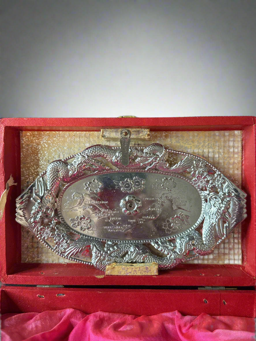 Japanese Red Box For Holding Silver Salt & Pepper Shakers and Tray (No Shakers) 6 5/8" Wide