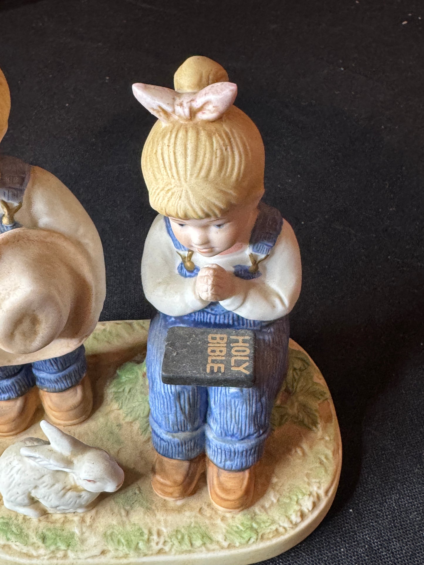 Homco Home Interiors 1985 Denim Days Girls with Bunny and Bible 5" Tall