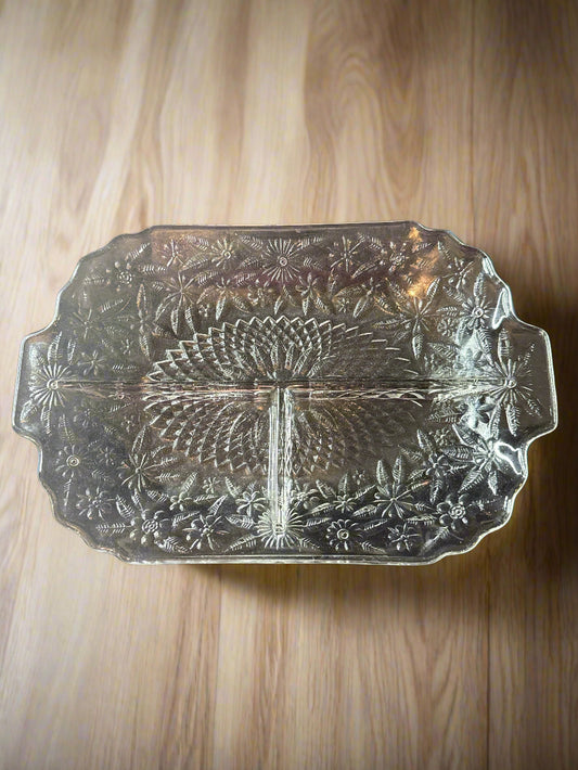 Indiana Glass Pineapple & Floral Clear Glass 11" Oblong 3 Part Celery/Relish Plate Circa 1933