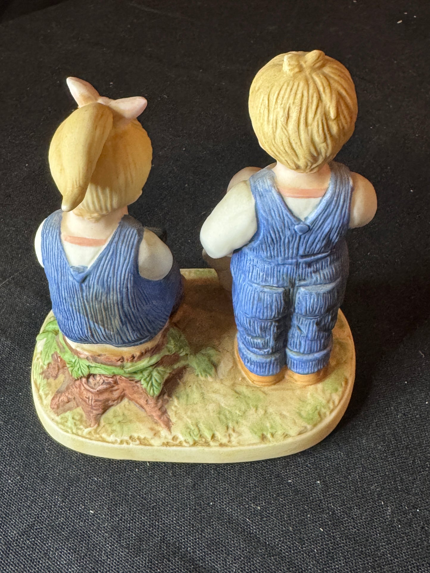 Homco Home Interiors 1985 Denim Days Girls with Bunny and Bible 5" Tall