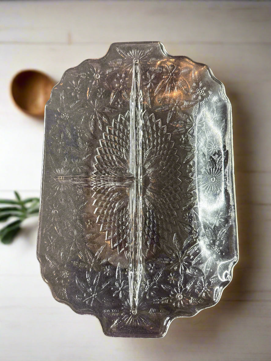 Indiana Glass Pineapple & Floral Clear Glass 11" Oblong 3 Part Celery/Relish Plate Circa 1933
