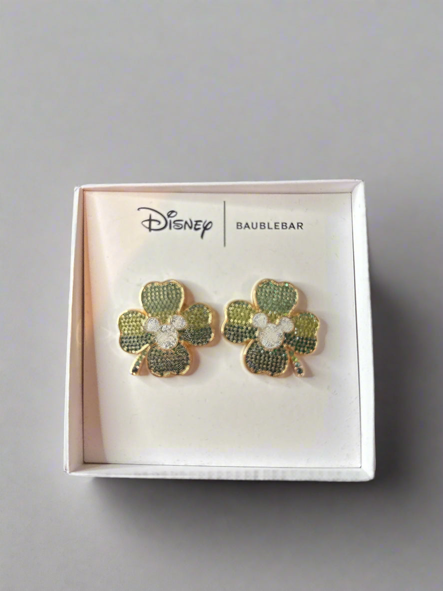 New Baublebar Disney Mickey Mouse Head Shamrock Earrings St. Patrick's Green NIB