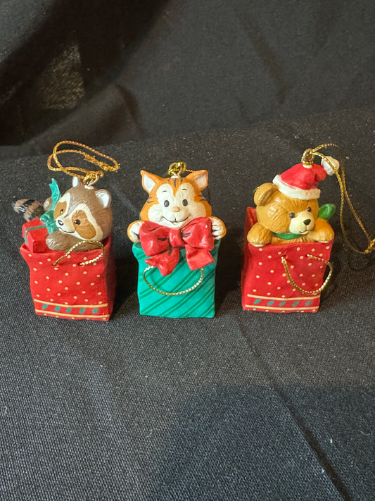 Baby Raccoon Bear Cat in a Shopping Bag Gift Bag Merry Christmas Ornament 3 Pieces