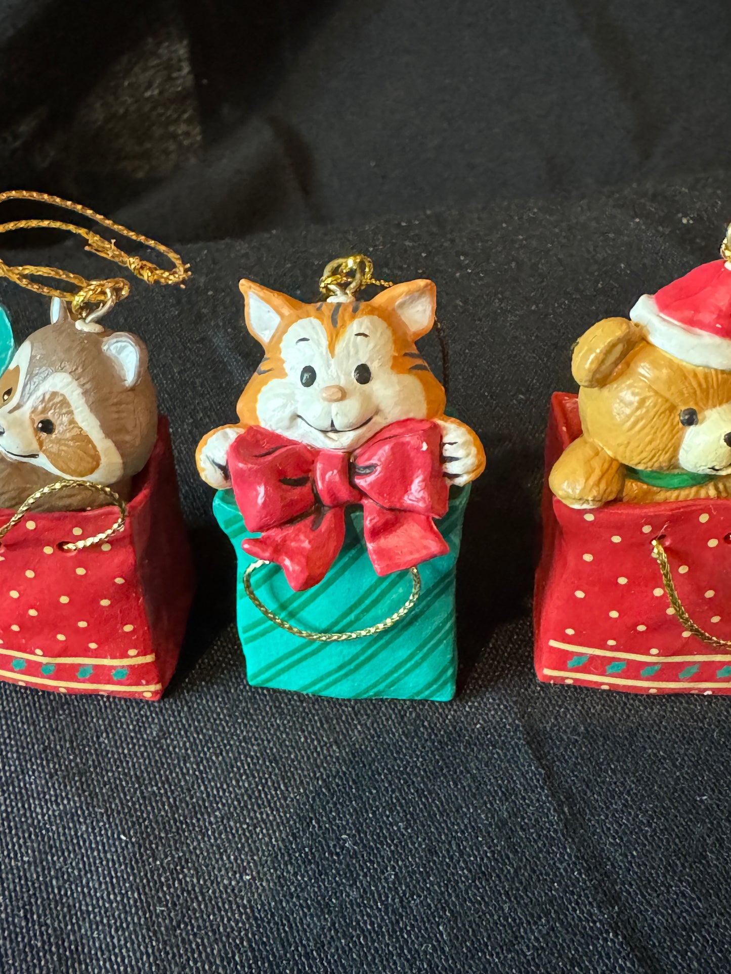 Baby Raccoon Bear Cat in a Shopping Bag Gift Bag Merry Christmas Ornament 3 Pieces