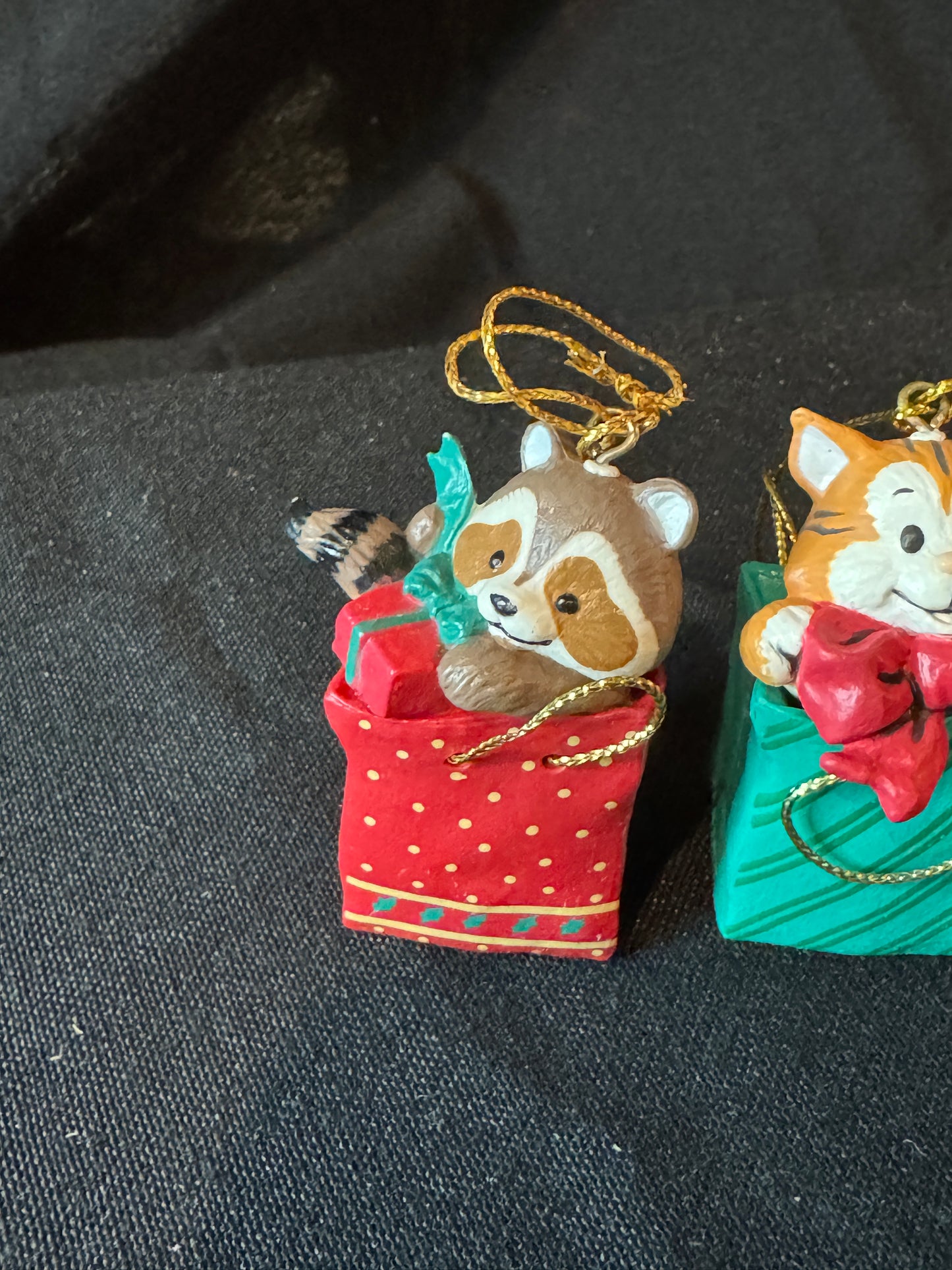 Baby Raccoon Bear Cat in a Shopping Bag Gift Bag Merry Christmas Ornament 3 Pieces