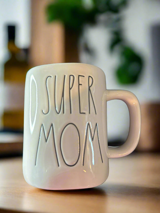Rae Dunn Super Mom Large White Coffee Cup Mug Aqua Green Interior New 4.75" Tall