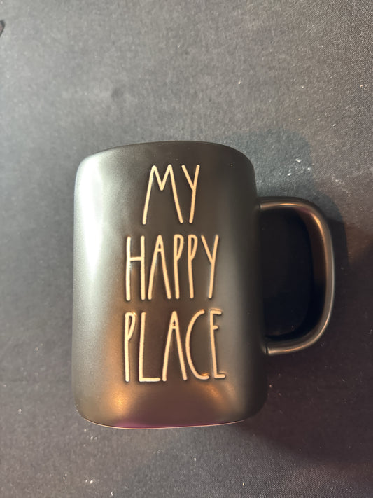 Rae Dunn My Happy Place Large Black Coffee Mug Cup 4.75" Tall New