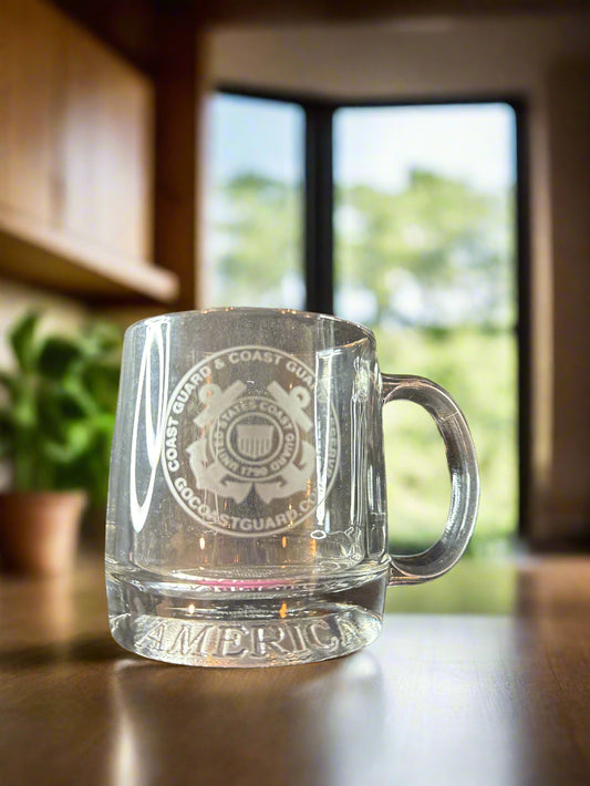 US Coast Guard Clear Etched Coffee Mug Cup Glass United States America In the Bottom