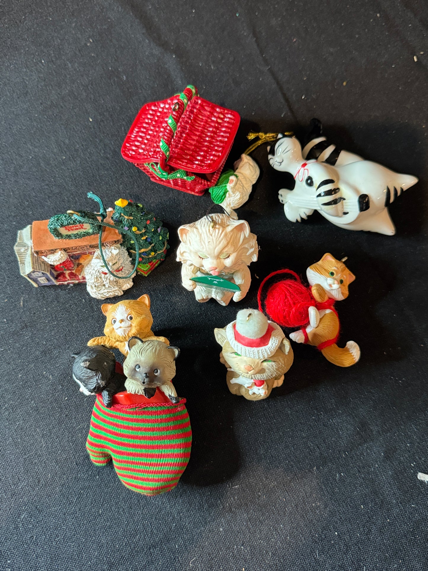 Seven (7) Cat Christmas Ornaments All In Excellent Condition No chips or cracks.