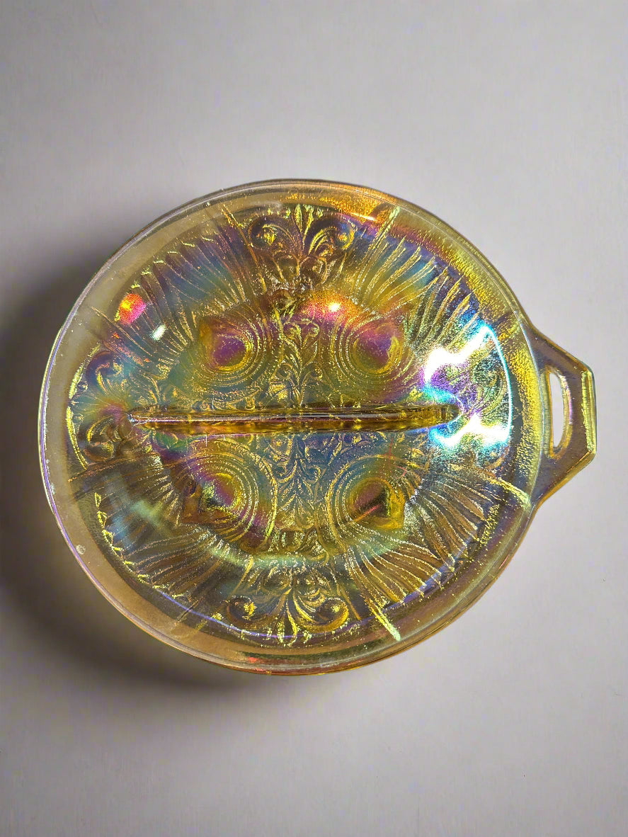 Indiana Glass Killarney Marigold Carnival Glass Divided Dish Iridescent Vintage 7.5" Wide