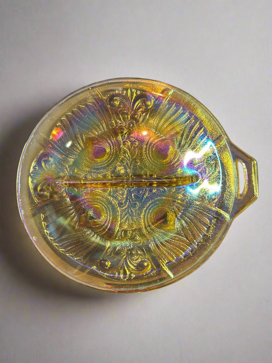 Indiana Glass Killarney Marigold Carnival Glass Divided Dish Iridescent Vintage 7.5" Wide
