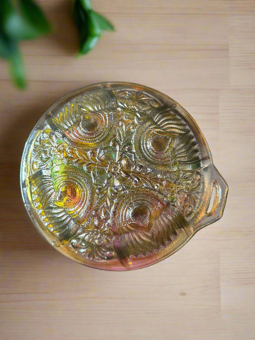 Indiana Glass Killarney Marigold Carnival Glass Divided Dish Iridescent Vintage 7.5" Wide